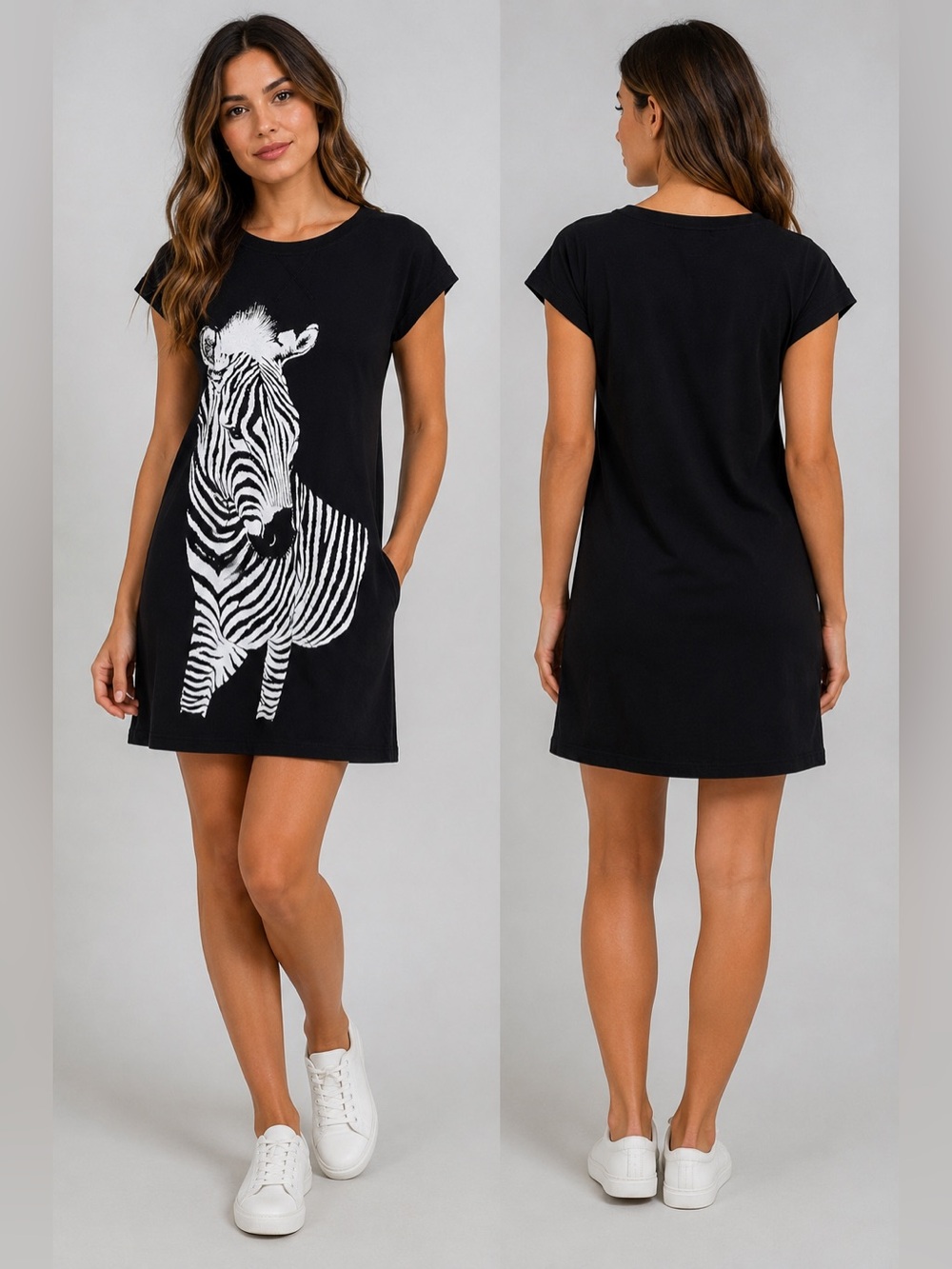 Jack BB Dakota Zebra Print T-Shirt Dress XS Black White Graphic